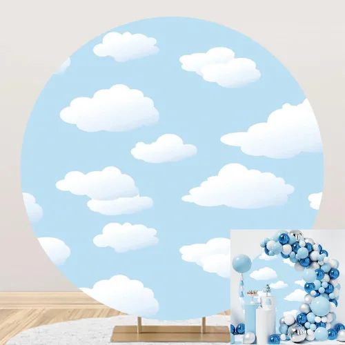 Telón de fondo redondo de 5 x 5 pies, diseño de cielo azul y nubes blancas, fondo de fotografía de círculo celestial de poliéster para niños, baby