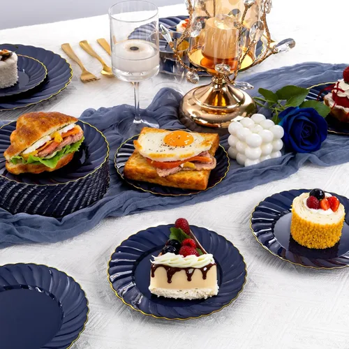 Miniatura 8 de YOUBET Paquete de 100 platos de plástico festoneado azul, platos desechables azul marino de 6.5 pulgadas, elegante plato de postre vintage de alta