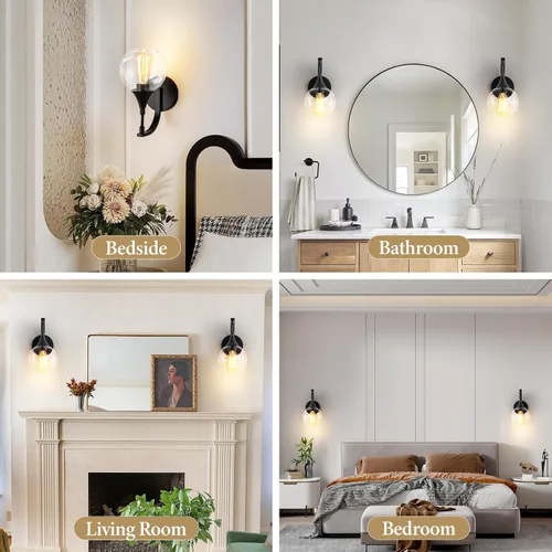 Miniatura 9 de Aplique de Pared Negro, Accesorios de Luz de Tocador Modernos con Pantalla de Vidrio Transparente de 4.9 Pulgadas, Luces de Pared de Estilo Rústico