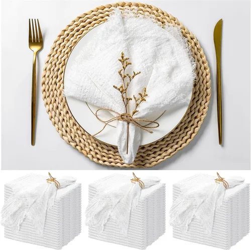 Miniatura 25 de Paquete de 12 servilletas de lino y algodón beige de 16 x 16 pulgadas, hechas a mano con flecos, servilletas de tela suave, lavables y rústicas