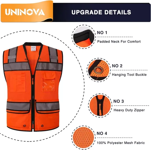 Miniatura 5 de Chaleco de seguridad reflectante para agrimensores para hombres, chaleco de seguridad de malla reflectante de clase 2 con bolsillos y cremallera