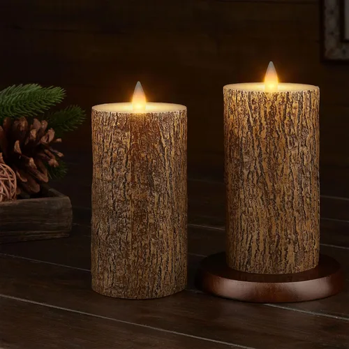 Miniatura 8 de Velas de pilar sin llama de cera de corteza marrón con temporizador remoto, velas LED de llama móvil 3D de hasta 400 horas con 2 pilas AA, juego