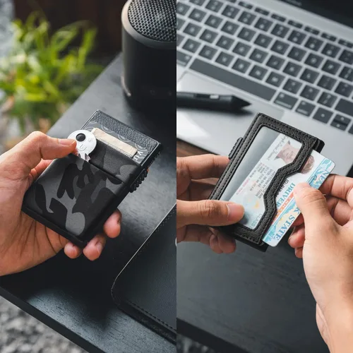 Miniatura 44 de VULKIT Billetera minimalista con ventana de identificación y bolsillo EDC con bolsillo desplegable para tarjetas de crédito y bloqueo RFID, diseño