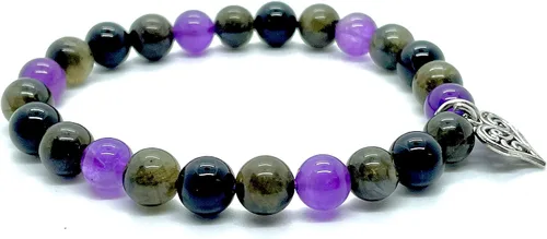 Miniatura 2 de DCE - Pulseras de triple piedra de protección óptima. Pulsera elástica de cristal curativo con cuentas de turmalina negra con dije de corazón por