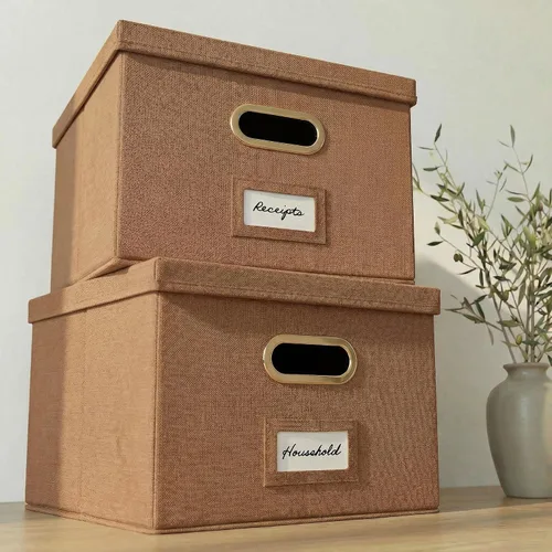 ZICOTO Caja organizadora decorativa de archivos, juego de 2 archivadores plegables de lino con asas, perfectos para almacenar todos tus documentos y