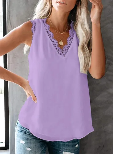 Miniatura 167 de VIISHOW - Camiseta sin mangas, sexy, con cuello en V y bordes de encaje para mujer, camisola de vestir, camisas de gasa, sin mangas, casuales