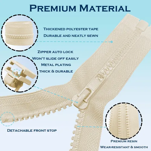 Miniatura 3 de ANPURZII 2 cremalleras separadoras #5 de 5 pulgadas color beige para coser abrigos, cremalleras de plástico moldeado a granel (beige 5" 2 unidades)
