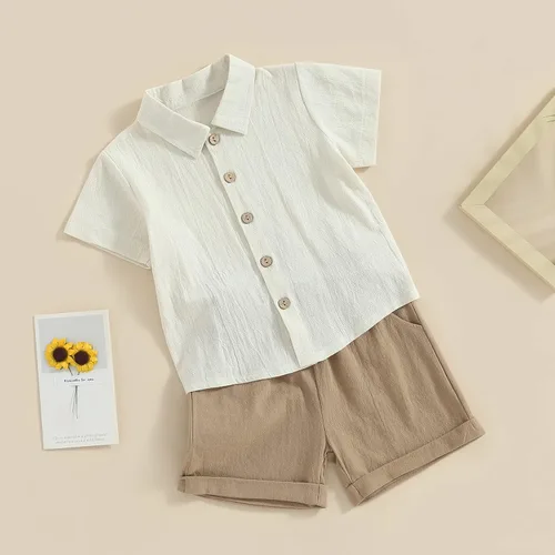 Miniatura 4 de Conjunto de 2 piezas de ropa de algodón y lino de manga corta con botones y pantalones cortos de cintura elástica para bebé niño