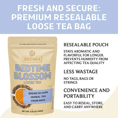 Miniatura 9 de BREWIX, Bedtime Blossom - Té suelto de hierbas (más de 50 tazas) sin cafeína y totalmente natural Mezcla relajante floral nocturna Rooibos