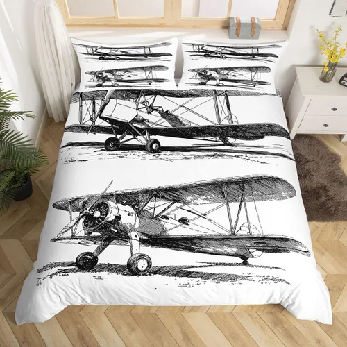 Miniatura 13 de Feelyou Juego de ropa de cama de avión, tamaño individual, para niños, adolescentes, funda de edredón para vuelo, helicóptero, avión volador, azul