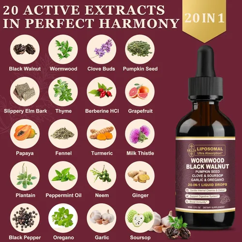 Miniatura 3 de Limpiador Liposomal 20-en-1 de Ajenjo y Nuez Negra para Humanos Gotas Líquidas – Limpieza Rápida del Intestino y Apoyo Digestivo con Clavo