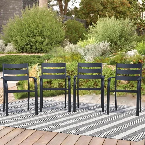 Miniatura 14 de Juego de 2 sillas de comedor para patio, sillas de comedor apilables negras para exteriores, juego de muebles de patio de metal para jardín, patio