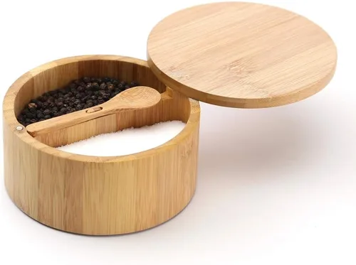 Miniatura 2 de KITCHENDAO Caja de cuenco de sal y pimienta de bambú, doble capacidad de 7 onzas y sótano de sal de bambú, 6 onzas