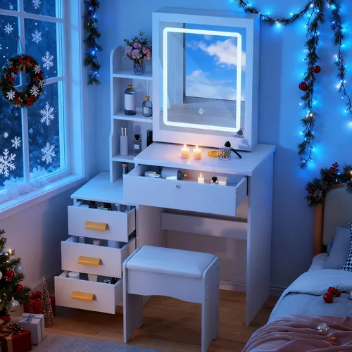 Escritorio de tocador de maquillaje con espejo y luces, mesa de tocador con 4 cajones, 7 estantes y espacio extra oculto, tocador compacto con