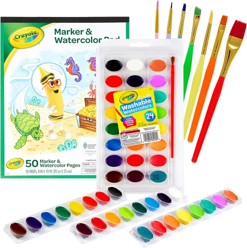 Juego de pintura de acuarela – 24 pinturas de acuarela, 50 hojas de papel de color de agua, 7 pinceles para niños – Juego completo de suministros de