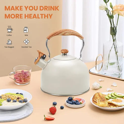 Miniatura 4 de Hervidor de Té Foedo para Estufa, Teteras Silbantes de 2.6 Cuartos para Estufa, Mango Plegable Resistente al Calor, Tetera Bonita (Beige)