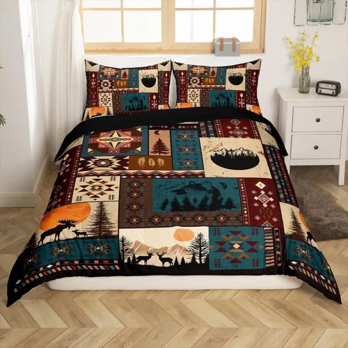 Miniatura 14 de Funda de edredón rústica tamaño Queen, juego de ropa de cama retro para cabaña de cabaña, oso de caza, ciervo, hojas de arce, funda de edredón