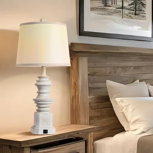 Miniatura 5 de QiMH - Juego de 2 lámparas de mesa para mesita de noche, lámpara de noche con dos puertos de carga USB, lámparas de mesa de decoración de granja