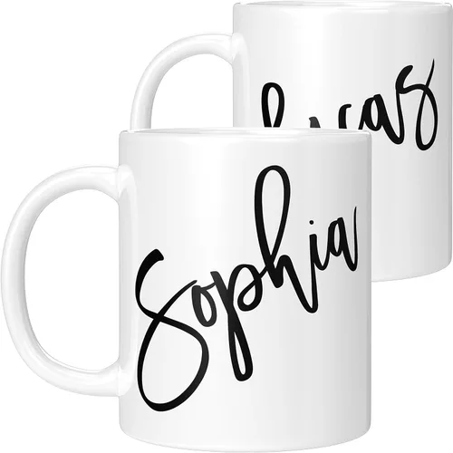 Juego de 2 tazas de café personalizadas de 11 onzas para parejas con nombre/texto, tazas de café de cerámica, tazas personalizadas para esposa y