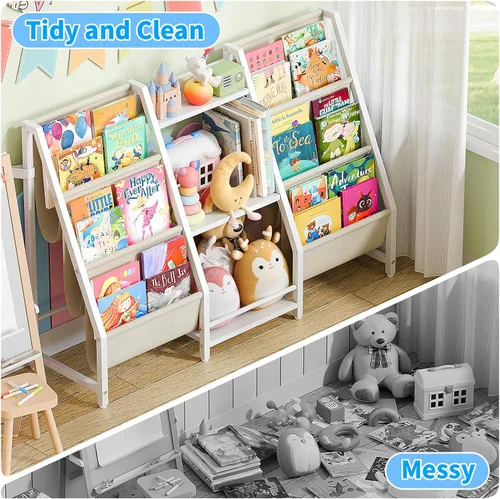 Miniatura 6 de Estantería organizadora de almacenamiento de juguetes para niños, estante para libros para habitaciones de niños, estantería infantil de 2 lados