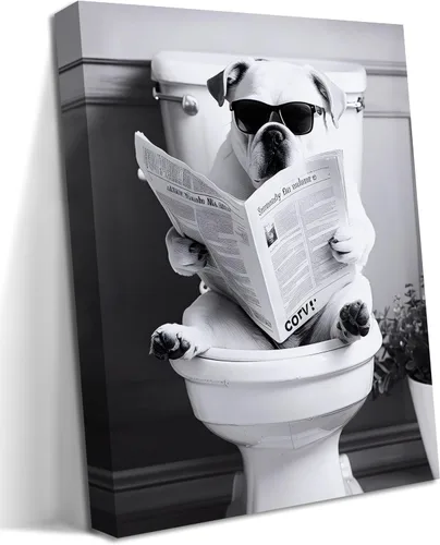 Divertida imagen de baño para decoración de pared, periódico de lectura de perros en el inodoro, arte de pared enmarcado en blanco y negro,