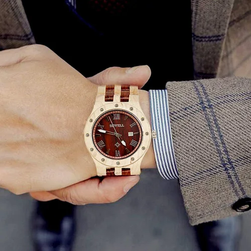 Miniatura 5 de Bewell Relojes de madera para hombre, reloj de pulsera luminoso de cuarzo analógico hecho a mano