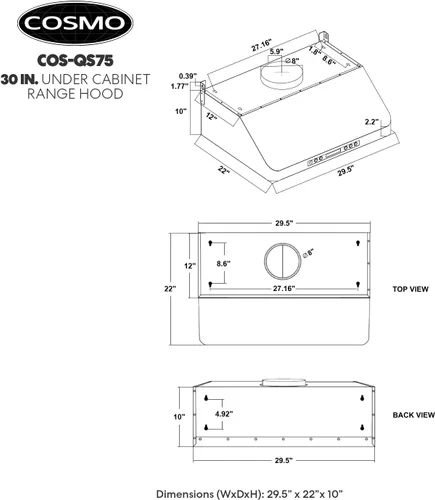 Miniatura 13 de COSMO COS-QS75 Campana extractora bajo gabinete de 30 pulgadas, colección Haven, 500 CFM, canalizada, controles táctiles, luces LED, acero inoxidable