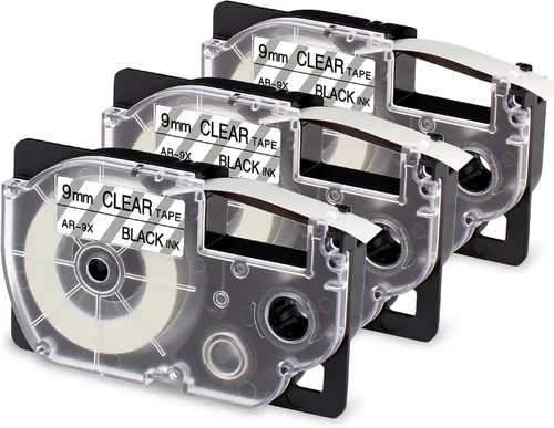 XR-9X4 Reemplazo para Casio Label It Tape Clear 0.354 in 3/8 pulgadas XR-9X2S XR-9X Tinta negra en cinta transparente para etiquetadora Casio EZ
