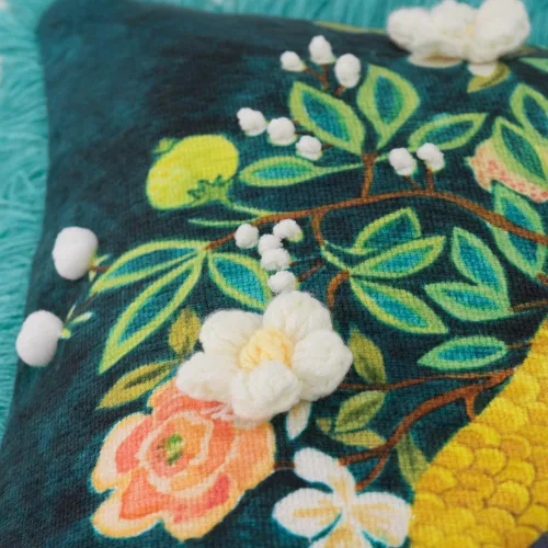 Miniatura 5 de JWH Funda de almohada con estampado de flores de pavo real azul y verde, funda de almohada decorativa de chenilla con borlas para cama, sala