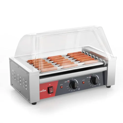 CROSSON Hot Dog - Máquina de cocina con 7 rodillos con protector de estornudos transparente, 7 rodillos antiadherentes 304SS y control de