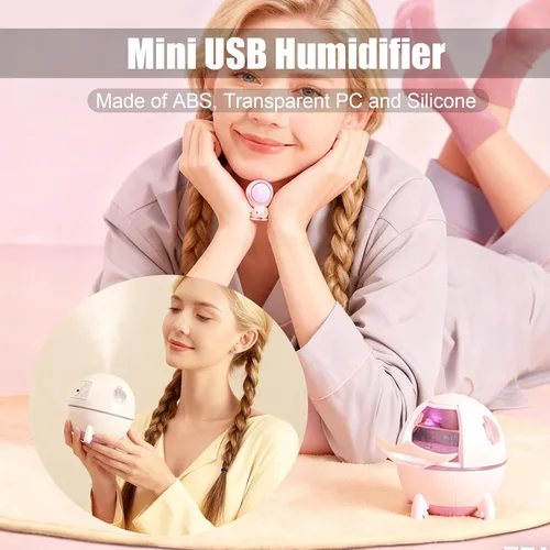 Miniatura 6 de Humidificadores de niebla fría, mini humidificador USB, lindo humidificador en forma de nave espacial, humidificador portátil de luz ambiental