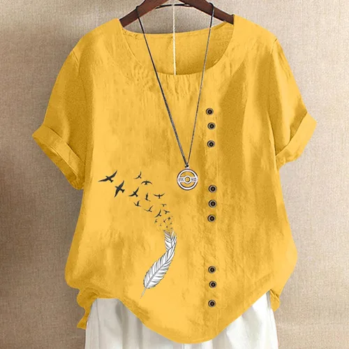 Miniatura 2 de Ceboyel Lindas camisetas de lino con estampado de plumas para mujer, camisas de verano de manga corta, ajuste holgado, blusas bohemias, ropa de moda