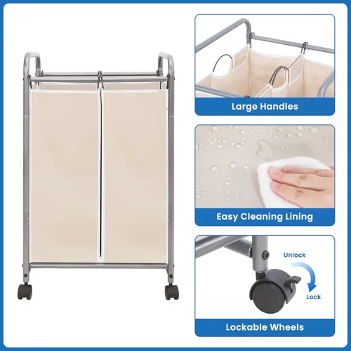 Miniatura 6 de STORAGE MANIAC Clasificador de ropa sucia de 2 secciones, cesto de ropa sucia de 90 L Gal con ruedas, clasificador separador de cesta de ropa, Beige