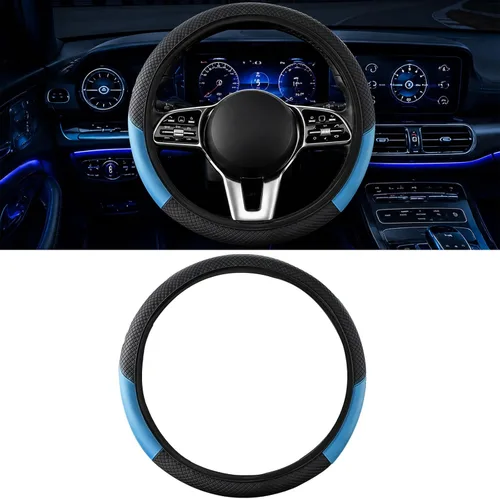 Miniatura 8 de Funda para volante de automóvil, microfibra de fibra de carbono de 15 pulgadas, antideslizante, transpirable, protector elástico para volante