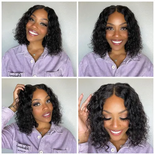 Miniatura 4 de Peluca BOB rizada de cabello humano 220 de densidad 13x4 de encaje frontal HD onda profunda para mujeres negras, sin pegamento, lista para usar
