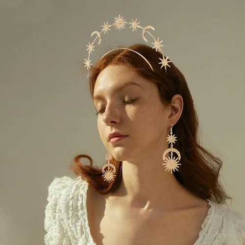 Miniatura 5 de Halo Crown - Stars Crystal Goddess HeadBand with Earrings Mary Metal Halo Headpiece Celestial Crowns Tiaras for Women Bridal Wedding Costume Cosplay