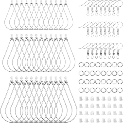 Miniatura 12 de Juego de 96 aretes de aro con cuentas para hacer joyas, aretes triangulares, lágrimas, redondos, con 200 ganchos para aretes, aros y alambres