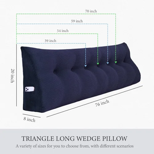 Miniatura 4 de Almohada de cabecera gruesa totalmente rellena individual XL, cabecero acolchado de dormitorio, soporte suave y firme, cojín grande triangular, Azul