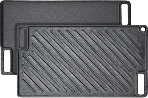 Miniatura 12 de VEVOR Parrilla/plancha reversible, plancha de hierro fundido pre-sazonada de 14 x 8.5 pulgadas, sartén rectangular portátil con asa, utensilios