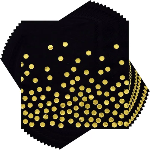 100 servilletas de cóctel desechables negras – Servilletas de papel negro y dorado para cumpleaños, boda, aniversario, Año Nuevo, fiesta de