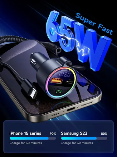 Miniatura 4 de Adaptador de coche de transmisor FM Bluetooth 5.4 de 77 W [PD3.0 65W+12W de carga rápida] Adaptador Bluetooth para automóvil