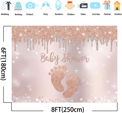 Miniatura 3 de Avezano Telón de fondo de baby shower de oro rosa para niña, decoración de fiesta de baby shower, 8 x 6 pies