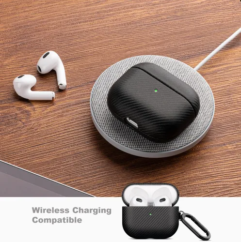 Miniatura 7 de LOPIE Funda compatible con AirPods 3 (lanzado en 2021), funda de cuero vegano estilo fibra de carbono con kit de clip y limpiador, funda protectora