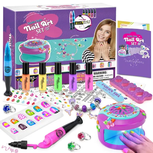 Juego de esmaltes de uñas para niñas, kit de arte de uñas DIY con secador de uñas, uñas postizas, pegatinas de uñas, esmalte de uñas despegable, no