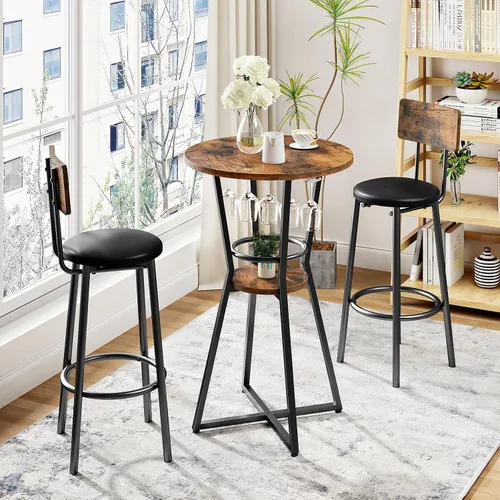 Miniatura 4 de HOOBRO Mesa redonda de bar, mesa de bar de 2 niveles con soporte para copas de vino, mesa de cóctel industrial, para espacios pequeños, taberna