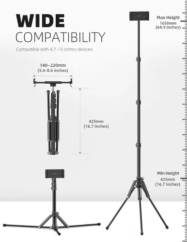 Miniatura 5 de Lamicall Soporte de trípode para tablet de 64.9 pulgadas con altura ajustable para transmisión/visualización con control remoto Bluetooth, para iPad