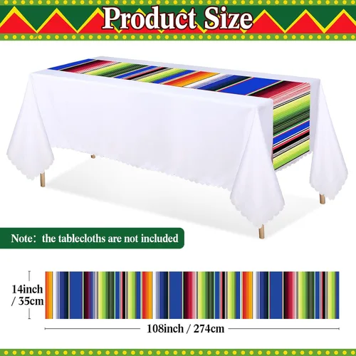 Miniatura 3 de Preboun 6 piezas de camino de mesa mexicano de plástico Dia De Los Muertos Serape Camino de mesa 14 x 108 Fiesta mexicana colorido a rayas