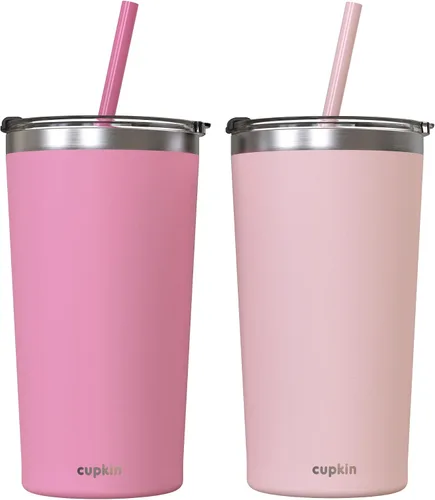 Miniatura 23 de CUPKIN - Taza apilable de acero inoxidable para niños, taza de batido, tazas aisladas con recubrimiento en polvo, tapa libre de BPA y pajilla de Rosa