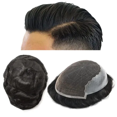 Miniatura 20 de Tupé para hombres 100% europeos unidades de cabello humano francés sistema de cabello de encaje con nudos blanqueados, línea capilar natural para #5