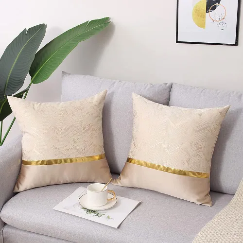 Miniatura 2 de Juego de 2 fundas de almohada decorativas de 18 x 18 pulgadas, de cuero beige dorado a rayas, jacquard, funda de cojín cuadrada moderna de lujo